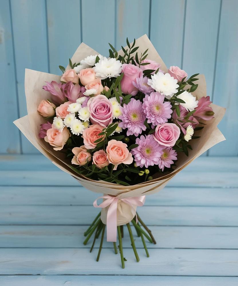 Букет цветов из: Хризантемы, Розы и Альстромерии в Сокуре