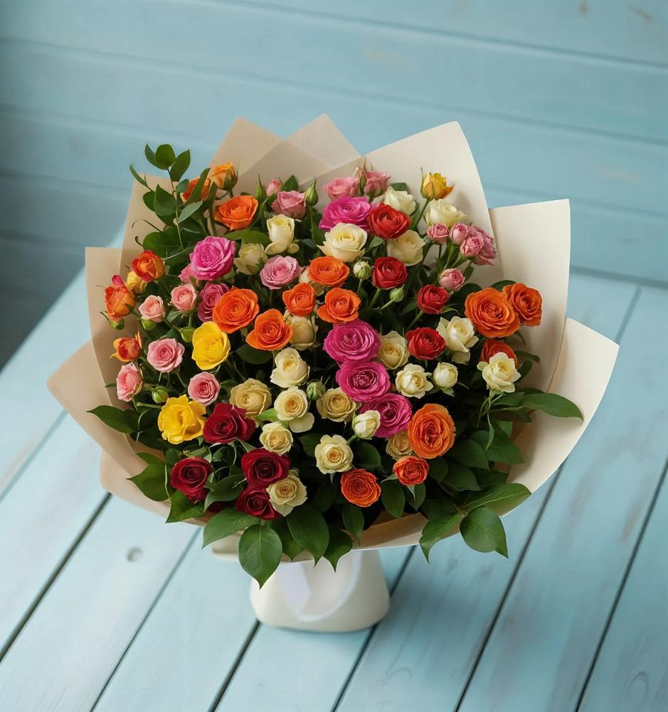 Букет Микс из разноцветных кустовых роз в Сокуре