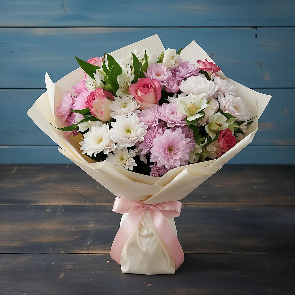 Букет цветов из: Хризантемы, Альстромерии и Розы в Сокуре